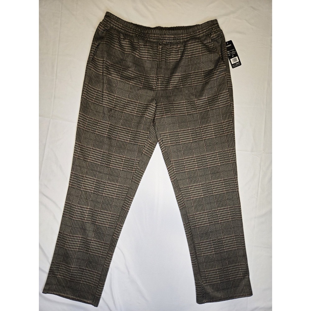 NWT Robert Louis Plaid‎ Trousers Womens Medium Elastic Waistband Brown Stretch